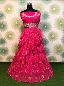 Hot Selling Most Trending Lehenga Choli Georgette Silk Printed Work Ruffle Layer With <b>Belt</b> Embroidery & <b>Sequins</b> Work For Sale - Product Image 3