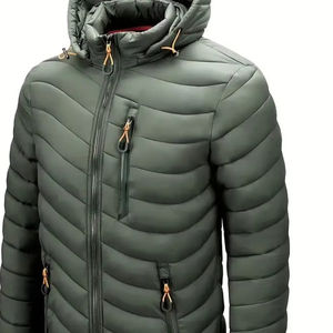 เสื้อแจ็คเก็ตพัฟเฟอร์แบบมีฮู้ดคุณภาพสูงสำหรับทุกเพศ พร้อมซิปปิด ปรับแต่งได้ กันน้ำ/กันลม สไตล์ลำลอง มีโลโก้ด้านหน้า - Product Image 1