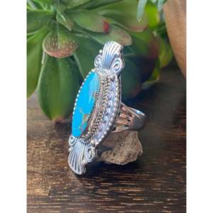 Navajo Handmade Kingman Turquoise & Sterling <b>Silver</b> <b>Statement</b> <b>Ring</b> Size 8.5 Gemstone Inlay with Natural Stone Everyday Wear - Product Image 4