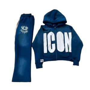 Sweats à capuche évasés brodés à l'acide pour hommes, ensemble de survêtements de jogging en polyester et coton à fermeture éclair pour l'hiver, motif solide - Product Image 3