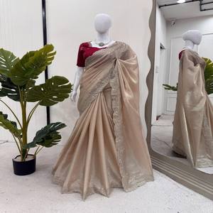 Sari de último diseñador con hilo doble y trabajo de lentejuelas incluye blusa de seda Mono Benglori de 0,80 m para uso festivo y de ocasión - Product Image 1