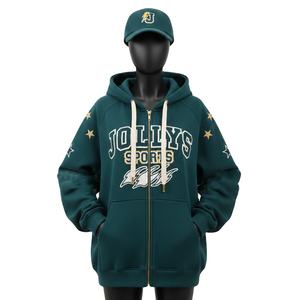 Women Zipper Hoodie Cotton Fleece <b>Fabric</b> Green Color Sleeve <b>Star</b> Panels Custom Logo Embroidery Applique zipper basics hoodies - Product Image 1