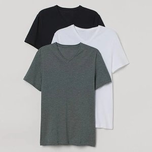 T-shirts pour hommes à col en V 100% coton de haute qualité à manches courtes personnalisées plusieurs couleurs, y compris un motif imprimé en tissu tricoté noir - Product Image 5