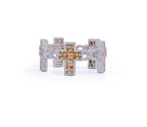 Pulsera de Diamantes Baguette, Pulsera de Eslabones de Oro Amarillo y Oro Blanco de Dos Tonos con Cruz de Diamantes Moissanite, Pulsera Cubana - Product Image 1