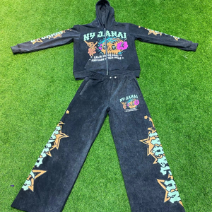 Ensemble de sweat à capuche Streetwear lavé à l'acide vintage pour hommes survêtements à fermeture éclair avec pantalon de survêtement évasé grande taille survêtement d'hiver - Product Image 1