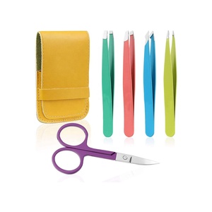 Ensemble de 5 pinces à épiler en acier inoxydable personnalisées, pointe inclinée colorée, avec étui en cuir - Product Image 1