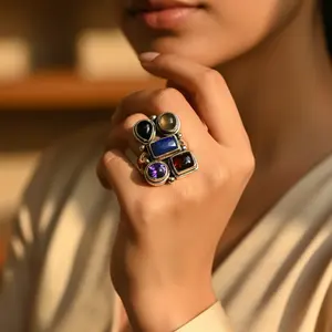 แหวนเงินแท้ 925 ประดับพลอยสำหรับผู้หญิง ดีไซน์ทันสมัย ชุบทอง เครื่องประดับโดดเด่น รูปทรงเรขาคณิต สไตล์ศาสนา ผลิตจากทองเหลืองส่วนใหญ่ - Product Image 3