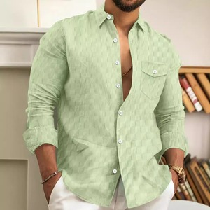 เสื้อผู้ชายแขนยาวผ้าแจ็กการ์ดมีกระเป๋าสำหรับใส่ลำลองมีกระดุมปกเสื้อแขนยาวสำหรับใส่เที่ยวฤดูใบไม้ร่วง - Product Image 4