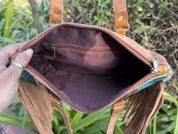 Tas tangan kulit sapi barat tas Tote pinggiran kulit ukir Tooled tas tangan kulit untuk wanita Multi guna