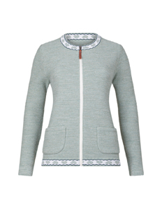 Chaqueta de punto gris claro con cremallera para mujer, con ribete de estampado de corazones y bolsillos, estilo cuello redondo - Product Image 1