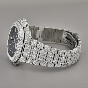 Montre de luxe entièrement sertie de diamants en moissanite, cadran bleu, acier inoxydable, vintage, hip-hop, montre personnalisée, bracelet en caoutchouc, mouvement Eta - Product Image 3