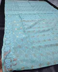 Exclusivo Deshi Dhakai Jamdani Sharee de alta calidad para mujeres JAMDANI tela azul rojo verde dorado cielo azul de Bangladesh - Product Image 3