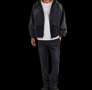 Ensemble de survêtement en molleton délavé à l'acide avec impression personnalisée en relief et impression gonflée, comprenant un sweat-shirt et un pantalon de survêtement en coton délavé pour homme - Product Image 4