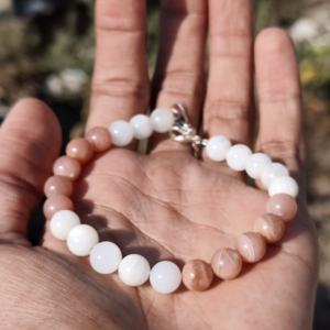 Multi White Moonstone Smooth Beads Sterling Silver Hook Chain Boho Hippie Women's Adjustable Bracelets 8mm Gemstone Gift - Product Image 1