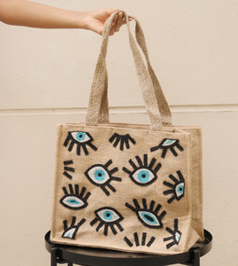 Sac fourre-tout Evil Eye perlé fait à la main par le grossiste indien Sacs fourre-tout en perles tissés à la main Fourre-tout en jute durable par glowin fashion - Product Image 1