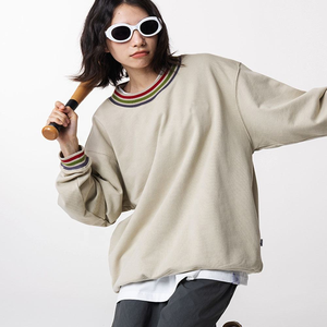 Sudadera Unisex Personalizada con Cuello Redondo Beige, 100% Algodón Felpa, Estilo Casual Urbano, Cuello y Puños a Rayas, Tinte Liso, Bordada para Invierno - Product Image 4