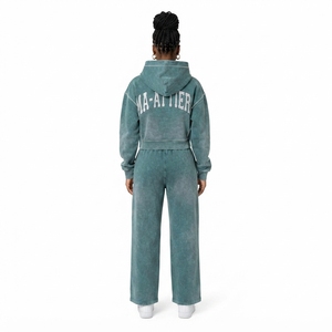 Custom <b>Women</b> Acid Wash Teal Green Cropped Hoodie Wide Leg <b>Jogger</b> Set Cotton Fleece Streetwear Tracksuit OEM Wholesale - Product Image 2
