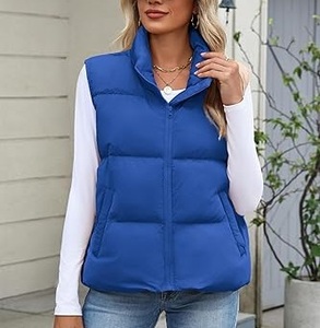 Chaleco Acolchado de Poliéster Grueso y Cálido con Cuello Camisero, Sin Mangas, Talla Grande, Color Azul Liso, para Invierno - Product Image 3