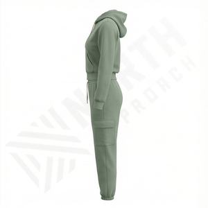 Conjunto de Pantalones Casuales de Dos Piezas con Logotipo Personalizado, Pantalones de Campana Sólidos, Sudadera con Capucha y Cremallera para Mujer, Pantalones Deportivos Holgados de Gran Tamaño, 100% Algodón de Felpa - Product Image 3