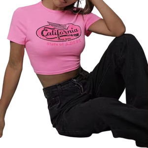 Tops cortos con estampado gráfico para mujer de color rosa 2024, en Stock, Top corto transpirable de secado rápido, camiseta para mujer, Tops cortos personalizados - Product Image 6