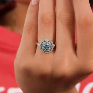 Or blanc massif 14 carats diamants cultivés en laboratoire bleu rond Double Halo bague de fiançailles mariage bague de mariée ensemble cadeau à la mode pour elle - Product Image 2