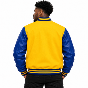 Chaqueta Letterman personalizada de Cosh International en amarillo y azul de moda para hombre con bordado del parche C - Product Image 6