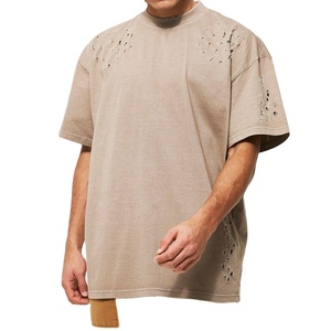 เสื้อยืดคอกลมทรงหลวมแบบดรอปโชว์เดอร์สำหรับผู้ชาย ผลิตตามสั่งขายส่ง ผ้าฝ้าย 100% เนื้อหนา ดีไซน์แบบดิสเทรส - Product Image 3
