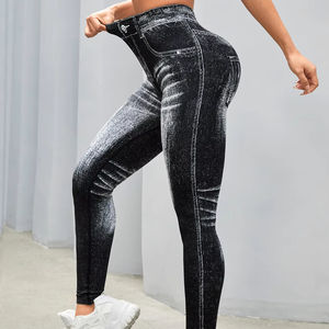 Nuevos pantalones de Yoga sin costuras de mezclilla alta para mujer, mallas deportivas de punto elástico en forma de V para levantamiento de cadera, mallas arrugadas - Product Image 1