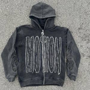 Sudadera con capucha personalizada para hombre, logotipo de serigrafía bordado, parche angustiante con diamantes de imitación, fabricante de ropa lavada desteñida por el sol - Product Image 1