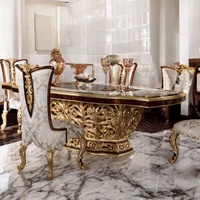 Ensemble de table à manger de luxe de style royal européen, 5 pièces, en bois d'acajou, plateau en marbre, sculptures en feuille d'or, design moderne du milieu du siècle, pour la maison et l'hôtel
