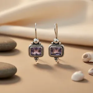 Boucles d'oreilles vintage en forme de goutte d'eau géométrique, unisexe, pierre d'améthyste, bijoux en argent 925, plaqué argent, cadeau élégant - Product Image 3