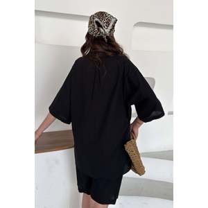 Black Short-Sleeved <b>Linen</b> Shirt and Shorts <b>Set</b> - Black - Product Image 5