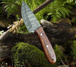 Cuchillo de Damasco hecho a mano para exteriores con mango de palisandro hoja fija Funda de cuero para caza y Camping compatible con OEM - Product Image 5
