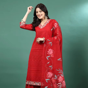 Ropa Étnica India de Diseñador, Kurti Elegante de Chifón Estampado con Cuello en V y Manga Larga, Combinado con Sharara, Ropa Casual para Mujer - Product Image 1