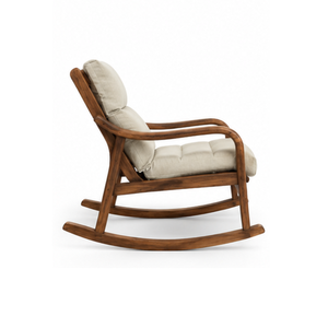 Silla Mecedora de Madera de Teca Sólida con Cojín Beige, Reposabrazos Curvos y Base de Madera para Muebles de Sala de Estar Interior - Product Image 3