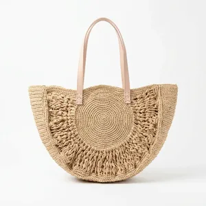 Sac à bandoulière en paille tressée fait main, sac fourre-tout en rotin avec poignées en cuir, idéal pour l'été, la plage et les voyages pour femmes - Product Image 3