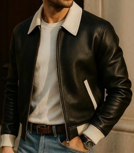 Chaqueta de Cuero Genuino para Hombre, Estilo Clásico y Moderno, Cuello Alto, Logotipo Frontal, Estilo Motero, Impermeable, para Invierno - Product Image 1