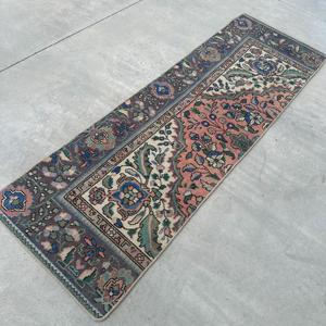 Turkish Vintage Rug, 2x6 ft <b>Runner</b> Rug, Blue <b>Red</b> Floral Wool Rug - Product Image 4