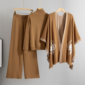 เสื้อสเวตเตอร์แบบสวมหัวสำหรับผู้หญิงเสื้อสเวตเตอร์ถักแบบสวมหัวปกติเสื้อแจ็กเก็ตผ้าคลุมไหล่กางเกงขากว้างหรูหราฤดูใบไม้ร่วง - Product Image 5