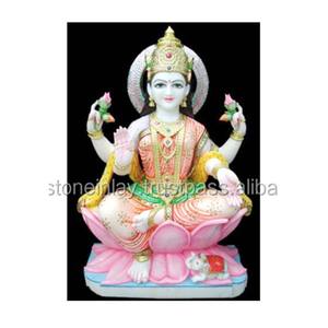 Assis sur la déesse Lotus Hindu 4 mains Maa Laxmi meilleure qualité Statue en marbre blanc poli à la main avec bénédiction - Product Image 1