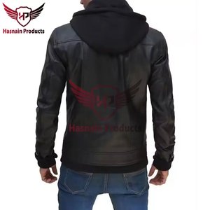 Veste à capuche en cuir véritable noir pour homme, avec cordon de serrage, poches à rabat, fermeture éclair, style motard, en peau de mouton, vêtement d'extérieur personnalisé pour l'hiver - Product Image 3