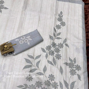 Tendance fleur Design Saree Collection avec fil main Position Khatha travail sur lin coton tissu pour femmes Festival porter - Product Image 1