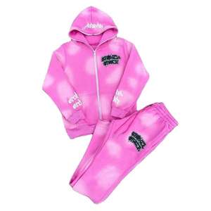 <b>Mens</b> Hip Hop Acid Wash Tracksuit | Zipper <b>Hoodie</b> & Sweatpants with Puff Print Autumn Style - Product Image 2