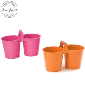 Set of 2 Orange Galvanized Iron Flower <b>Pots</b> with Handle Stylish Functional <b>for</b> Home Garden or Outdoor Use with Drainage Hole - Product Image 2