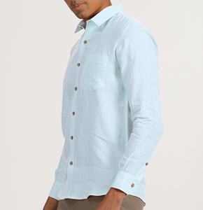 Chemise en lin bleu ciel pour homme, manches longues, col rabattu, teinture unie, anti-rétrécissement, séchage rapide, durable, été - Product Image 1