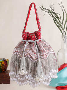 Elegant Zari Embroidered Potli <b>Bag</b> with Golden Thread Work and Fringes for <b>Bridesmaids</b> <b>Gift</b> - Product Image 2
