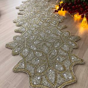 Luxe Jacquard 100% Coton Chemin De Table À La Main Perlé Or Argent Cristal Décor 12.5x34.5 Pouces Table À Manger Accent - Product Image 5