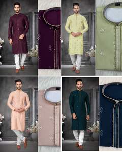 Vêtements ethniques traditionnels indiens et pakistanais pour hommes de qualité supérieure en coton lourd avec broderie en jacquard en rayonne pour les fêtes Kurta - Product Image 2