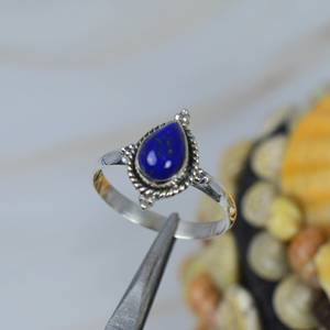 แหวนเงินแท้สำหรับผู้หญิงทำมือ925ทำด้วยมือคุณภาพสูงพร้อมหิน Lapis Lazuli ลูกแพร์ธรรมชาติเป็นหินหลักสำหรับงานแต่งงาน - Product Image 3