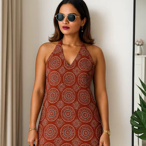 Kurti court à col halter imprimé 100% coton pour le confort et le style, élastique au dos pour plus de facilité, fentes latérales disponibles, grande taille - Product Image 1
